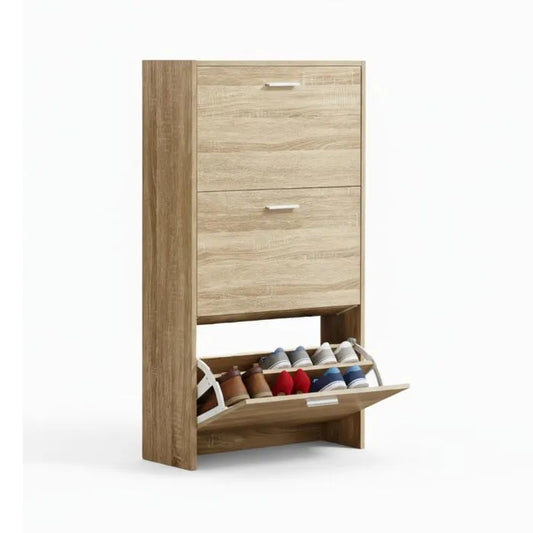 Meuble de Rangement à Chaussures - 18 Paires - 3 abattants - Dimensions : L60xP24xH80 cm - Bois Clair