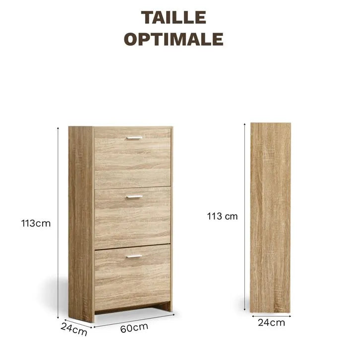 Meuble de Rangement à Chaussures - 18 Paires - 3 abattants - Dimensions : L60xP24xH80 cm - Bois Clair