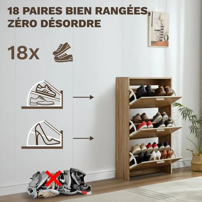 Meuble de Rangement à Chaussures - 18 Paires - 3 abattants - Dimensions : L60xP24xH80 cm - Bois Clair