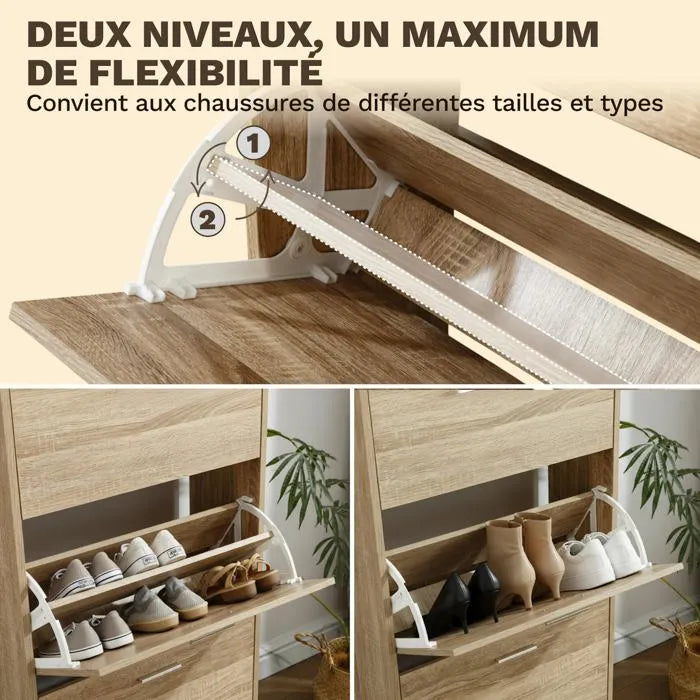 Meuble de Rangement à Chaussures - 18 Paires - 3 abattants - Dimensions : L60xP24xH80 cm - Bois Clair
