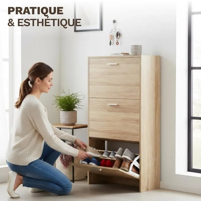Meuble de Rangement à Chaussures - 18 Paires - 3 abattants - Dimensions : L60xP24xH80 cm - Bois Clair
