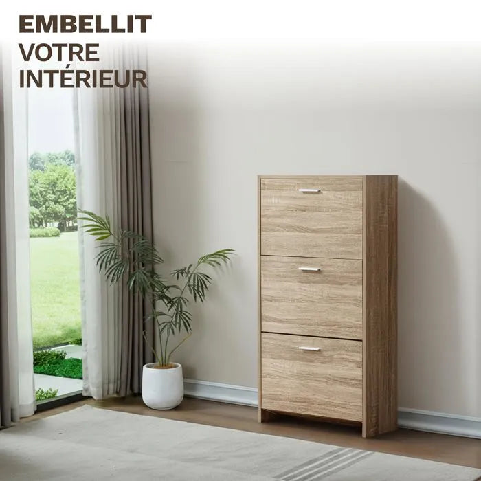 Meuble de Rangement à Chaussures - 18 Paires - 3 abattants - Dimensions : L60xP24xH80 cm - Bois Clair