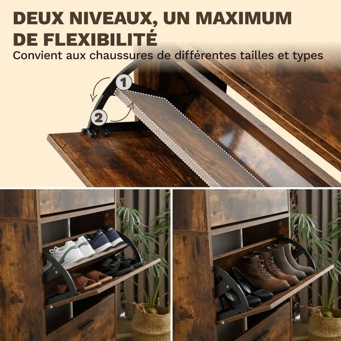 Meuble à Chaussures 24 Paires 4 Abattants – Armoire Étroite 24 cm Gain de Place – Meuble Entrée Bois Rustique 60x24x150 cm
