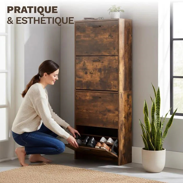 Meuble à Chaussures 24 Paires 4 Abattants – Armoire Étroite 24 cm Gain de Place – Meuble Entrée Bois Rustique 60x24x150 cm