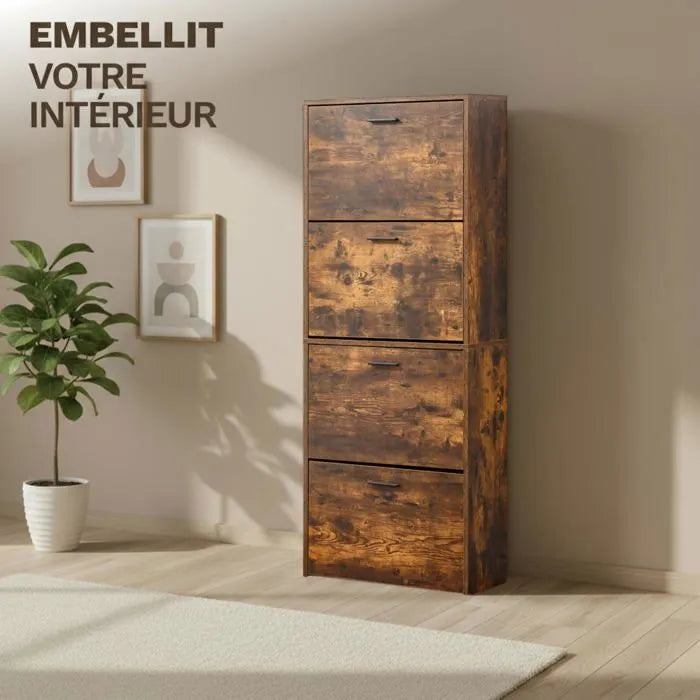 Meuble à Chaussures 24 Paires 4 Abattants – Armoire Étroite 24 cm Gain de Place – Meuble Entrée Bois Rustique 60x24x150 cm