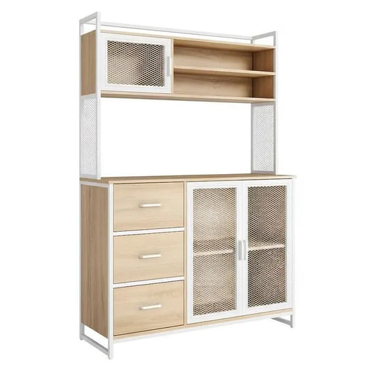 Buffet Cuisine Vaisselier avec Plan de Travail – Armoire Rangement 3 Portes 3 Tiroirs Bois & Métal Blanc 116x40x170 cm