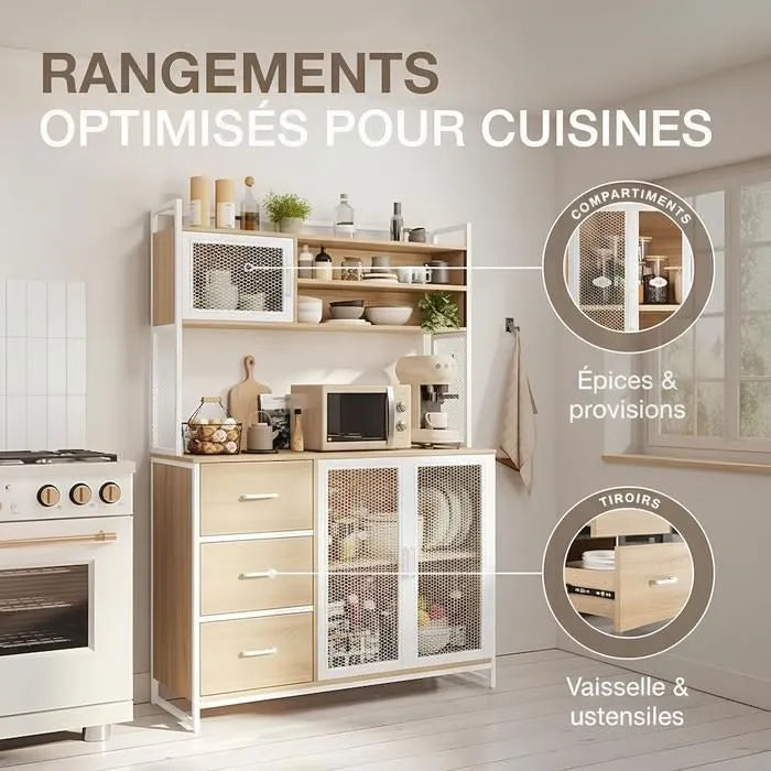 Buffet Cuisine Vaisselier avec Plan de Travail – Armoire Rangement 3 Portes 3 Tiroirs Bois & Métal Blanc 116x40x170 cm