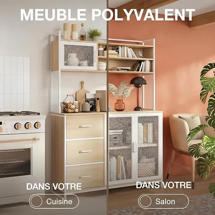 Buffet Cuisine Vaisselier avec Plan de Travail – Armoire Rangement 3 Portes 3 Tiroirs Bois & Métal Blanc 116x40x170 cm