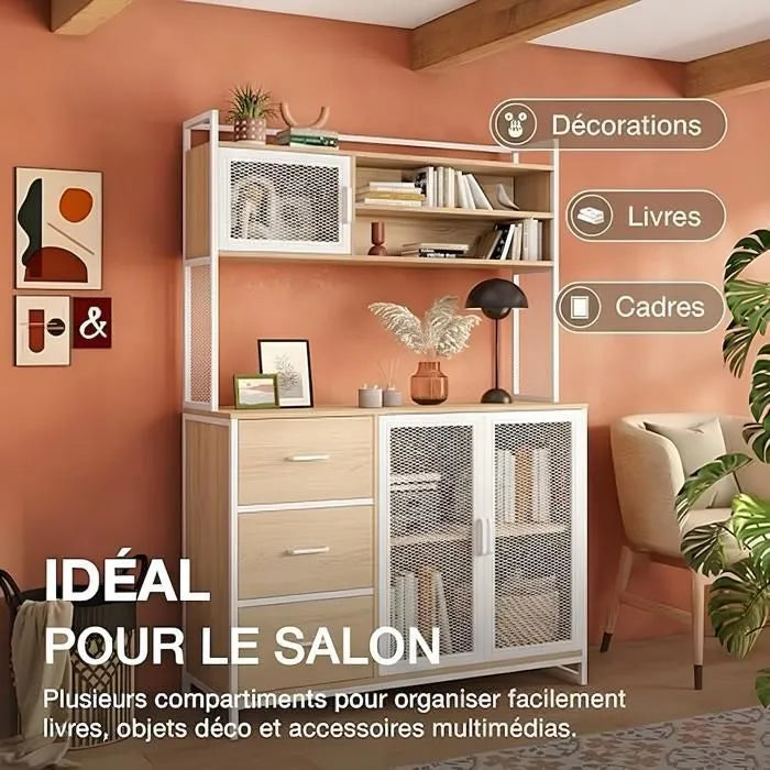 Buffet Cuisine Vaisselier avec Plan de Travail – Armoire Rangement 3 Portes 3 Tiroirs Bois & Métal Blanc 116x40x170 cm
