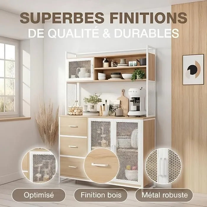 Buffet Cuisine Vaisselier avec Plan de Travail – Armoire Rangement 3 Portes 3 Tiroirs Bois & Métal Blanc 116x40x170 cm