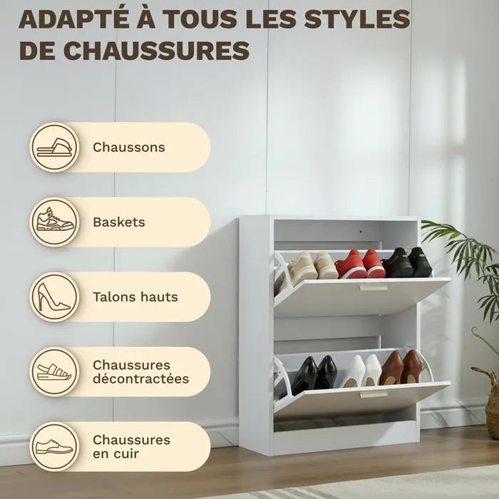 Meuble à Chaussures 12 Paires 2 Abattants – Armoire Étroite 24 cm Gain de Place – Meuble Entrée Bois Blanc 60x24x80 cm