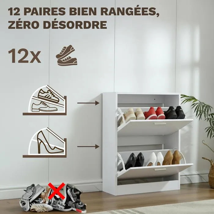Meuble à Chaussures 12 Paires 2 Abattants – Armoire Étroite 24 cm Gain de Place – Meuble Entrée Bois Blanc 60x24x80 cm