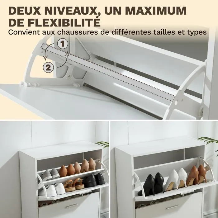 Meuble à Chaussures 12 Paires 2 Abattants – Armoire Étroite 24 cm Gain de Place – Meuble Entrée Bois Blanc 60x24x80 cm