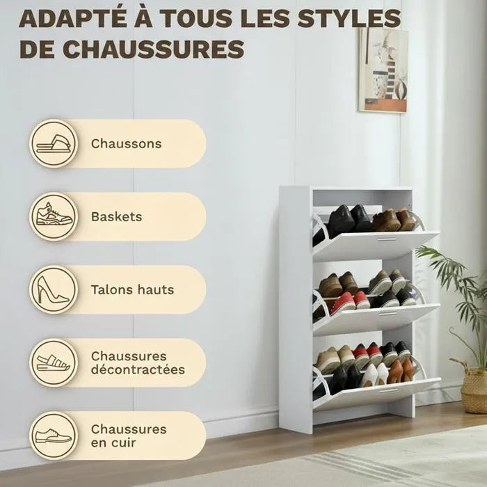 Meuble de Rangement à Chaussures - 18 Paires - 3 abattants - Dimensions : L60xP24x1130 cm - Blanc