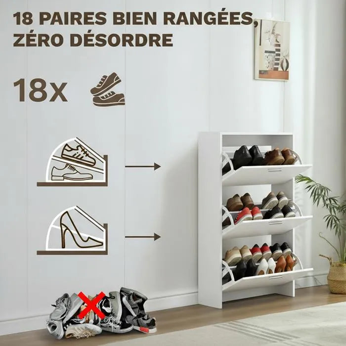 Meuble de Rangement à Chaussures - 18 Paires - 3 abattants - Dimensions : L60xP24x1130 cm - Blanc