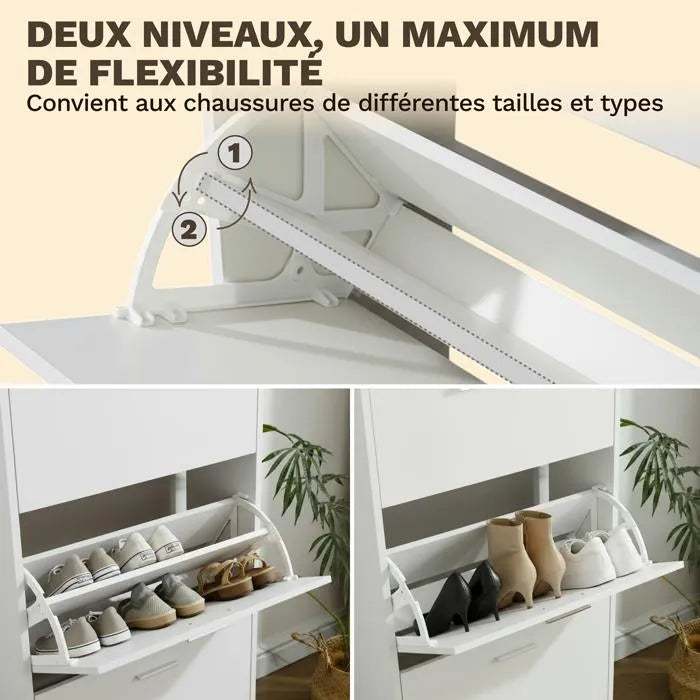 Meuble de Rangement à Chaussures - 18 Paires - 3 abattants - Dimensions : L60xP24x1130 cm - Blanc