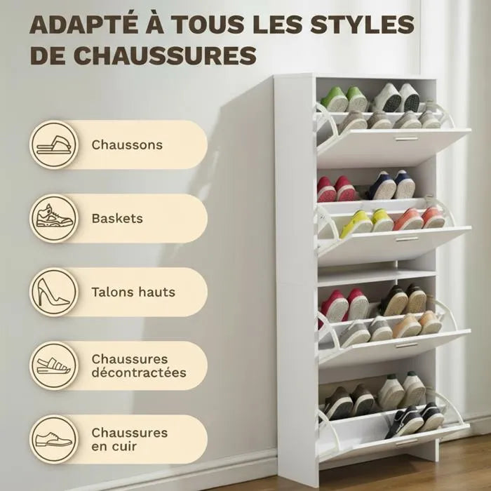 Meuble à Chaussures 24 Paires 4 Abattants – Armoire Étroite 24 cm Gain de Place – Meuble Entrée Blanc 60x24x150 cm