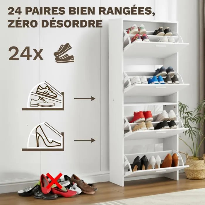 Meuble à Chaussures 24 Paires 4 Abattants – Armoire Étroite 24 cm Gain de Place – Meuble Entrée Blanc 60x24x150 cm