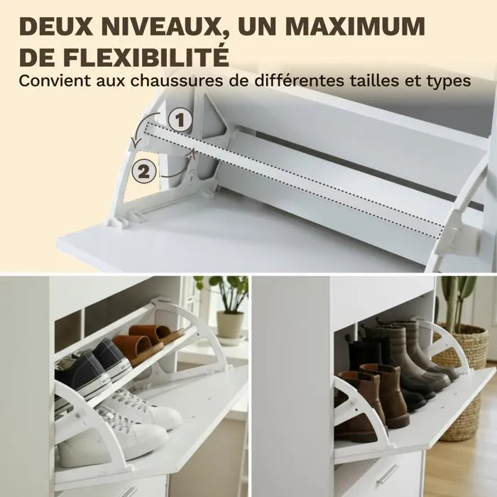 Meuble à Chaussures 24 Paires 4 Abattants – Armoire Étroite 24 cm Gain de Place – Meuble Entrée Blanc 60x24x150 cm