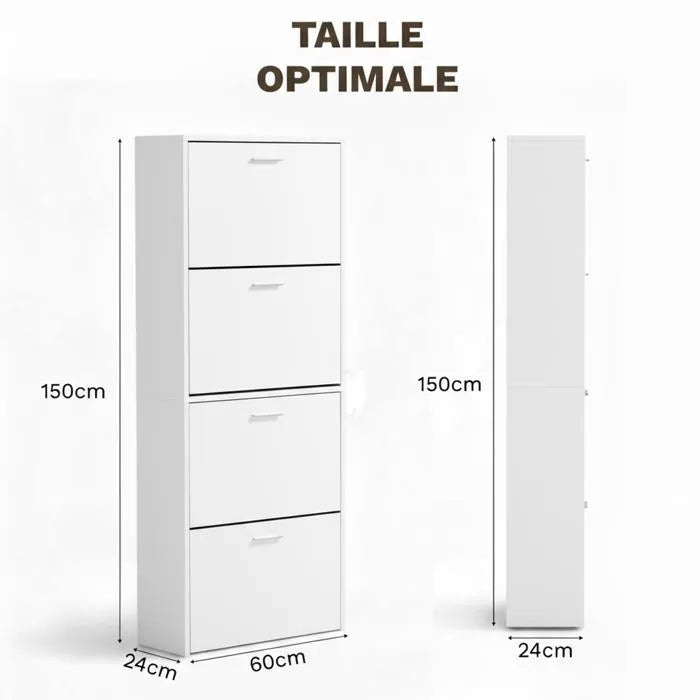 Meuble à Chaussures 24 Paires 4 Abattants – Armoire Étroite 24 cm Gain de Place – Meuble Entrée Blanc 60x24x150 cm