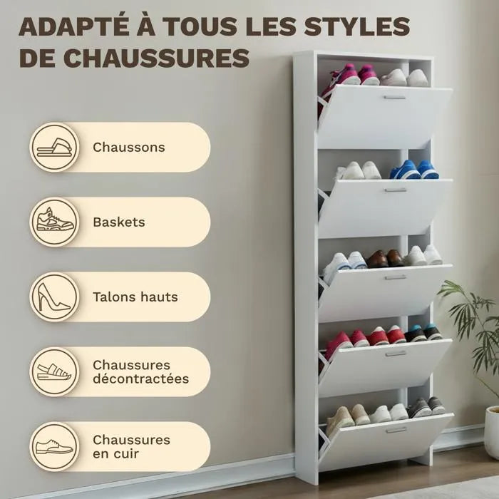 Meuble de Rangement à Chaussures - 15 Paires - 5 abattants - L60xP24xH180 cm - Blanc