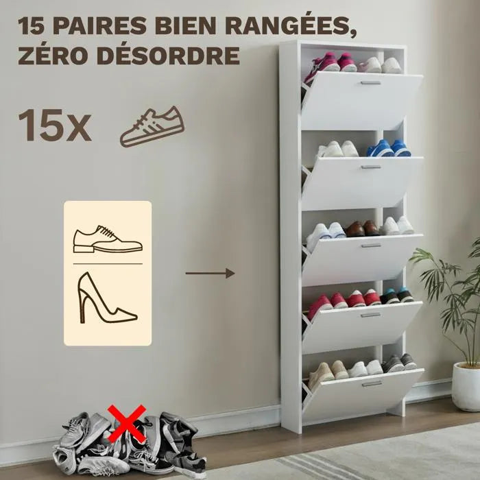 Meuble de Rangement à Chaussures - 15 Paires - 5 abattants - L60xP24xH180 cm - Blanc