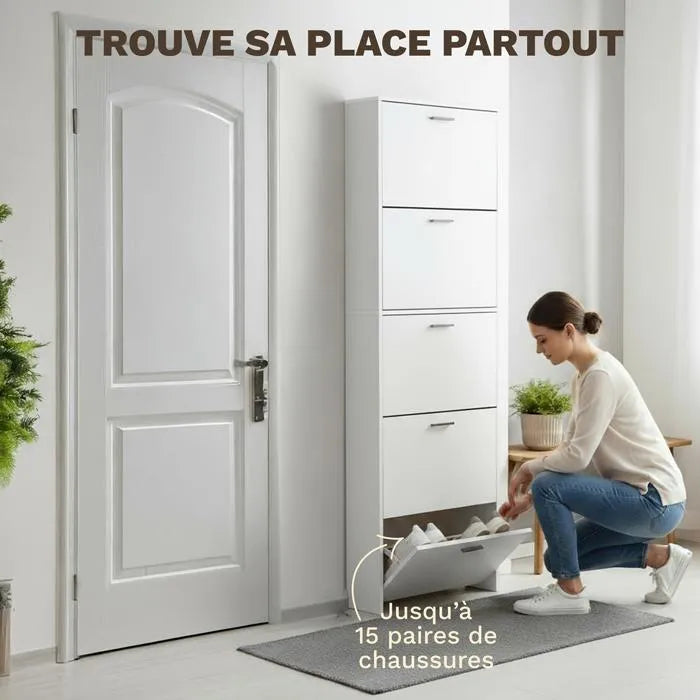 Meuble de Rangement à Chaussures - 15 Paires - 5 abattants - L60xP24xH180 cm - Blanc
