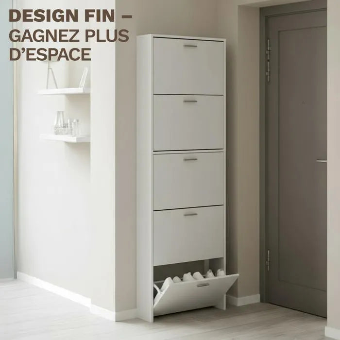 Meuble de Rangement à Chaussures - 15 Paires - 5 abattants - L60xP24xH180 cm - Blanc
