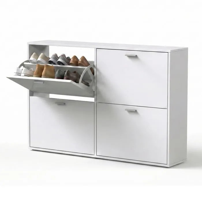 Meuble à Chaussures double 24 Paires 4 Abattants - Ultra Slim 23,5 cm - Rangement Entrée Gain de Place Blanc 118x23,5x75 cm