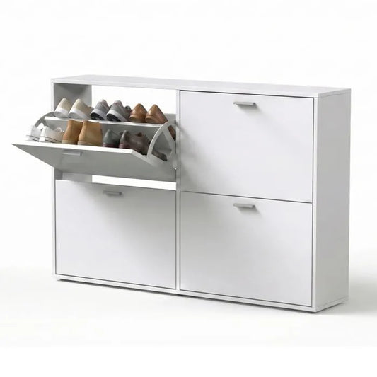 Meuble à Chaussures double 24 Paires 4 Abattants - Ultra Slim 23,5 cm - Rangement Entrée Gain de Place Blanc 118x23,5x75 cm