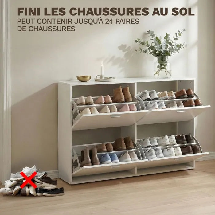 Meuble à Chaussures double 24 Paires 4 Abattants - Ultra Slim 23,5 cm - Rangement Entrée Gain de Place Blanc 118x23,5x75 cm