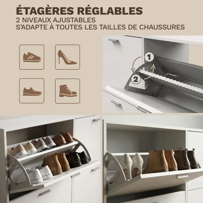 Meuble à Chaussures double 24 Paires 4 Abattants - Ultra Slim 23,5 cm - Rangement Entrée Gain de Place Blanc 118x23,5x75 cm