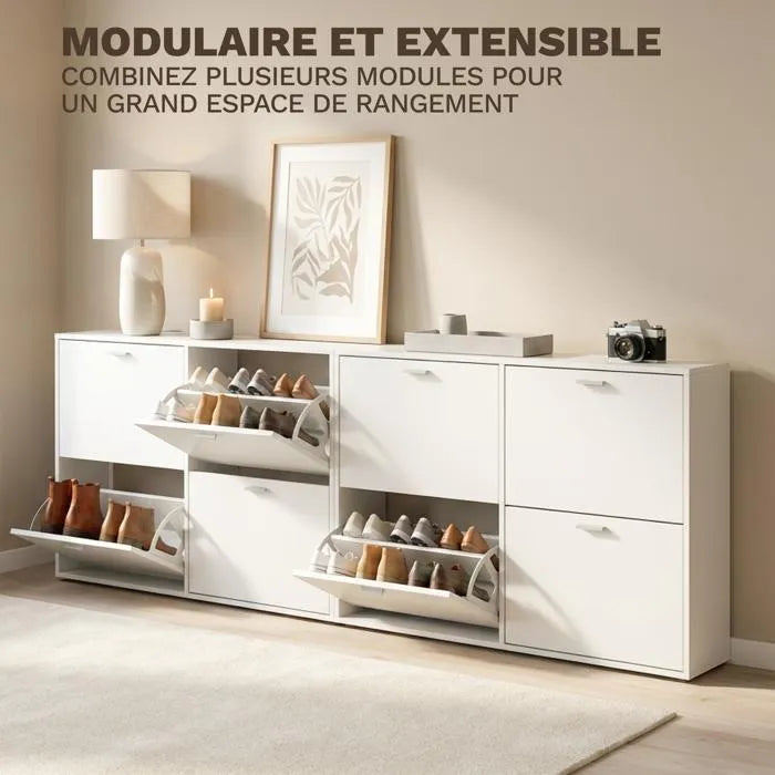 Meuble à Chaussures double 24 Paires 4 Abattants - Ultra Slim 23,5 cm - Rangement Entrée Gain de Place Blanc 118x23,5x75 cm