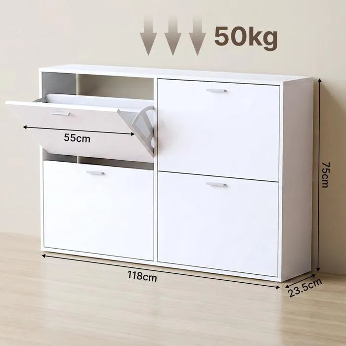 Meuble à Chaussures double 24 Paires 4 Abattants - Ultra Slim 23,5 cm - Rangement Entrée Gain de Place Blanc 118x23,5x75 cm