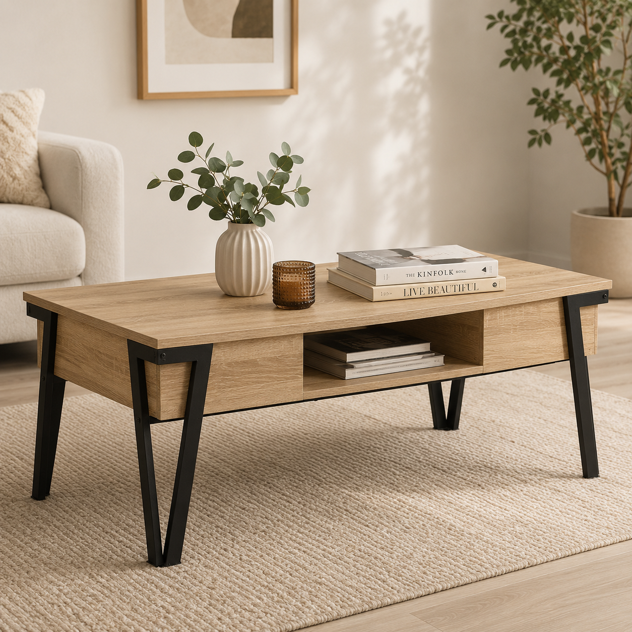 Table Basse Rectangulaire 110x55x45 cm – Acier Noir, Plateau Bois – Design Moderne pour Salon, Bureau ou Espace de Vie