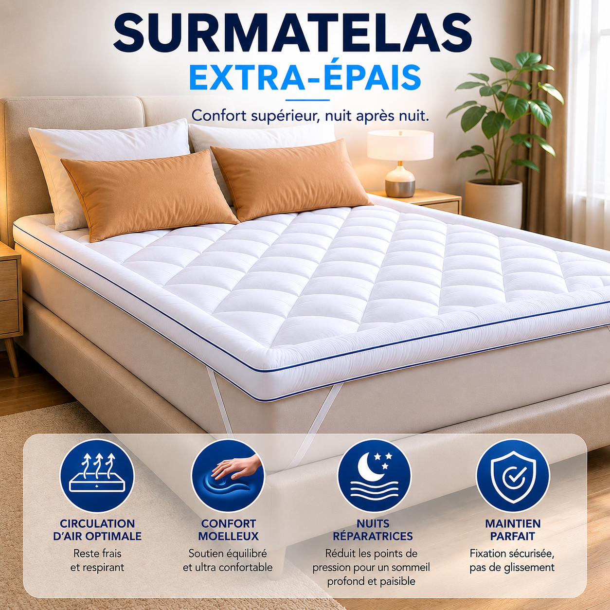 Surmatelas Confort 1000g - Microfibre Respirante, Hypoallergénique, Anti-acariens - Antidérapant