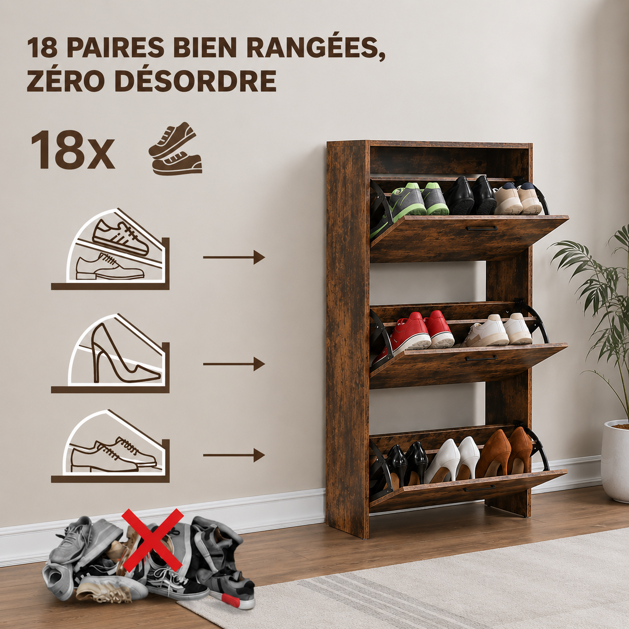 Meuble de Rangement à Chaussures - 18 Paires - 3 abattants - Dimensions : L60xP24xH80 cm - Couleur Rustique