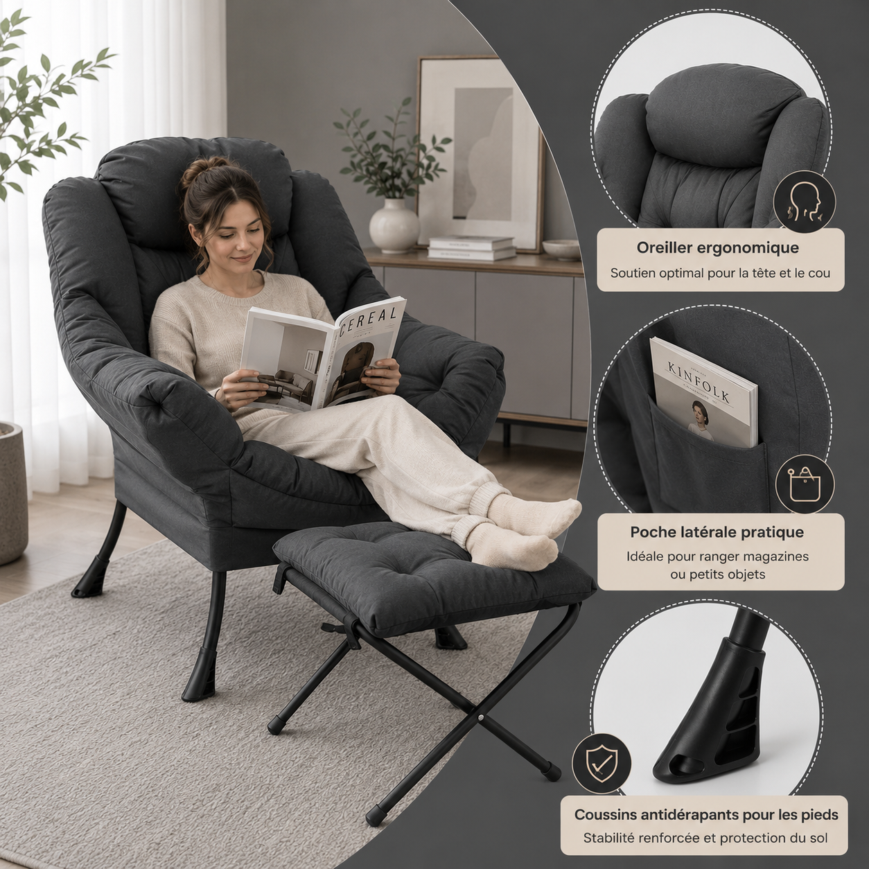 Fauteuil Design Velours avec Repose-Pieds – Confort et Structure Robuste – Fauteuil 75x70x104 cm, Tabouret 34x34x32 cm