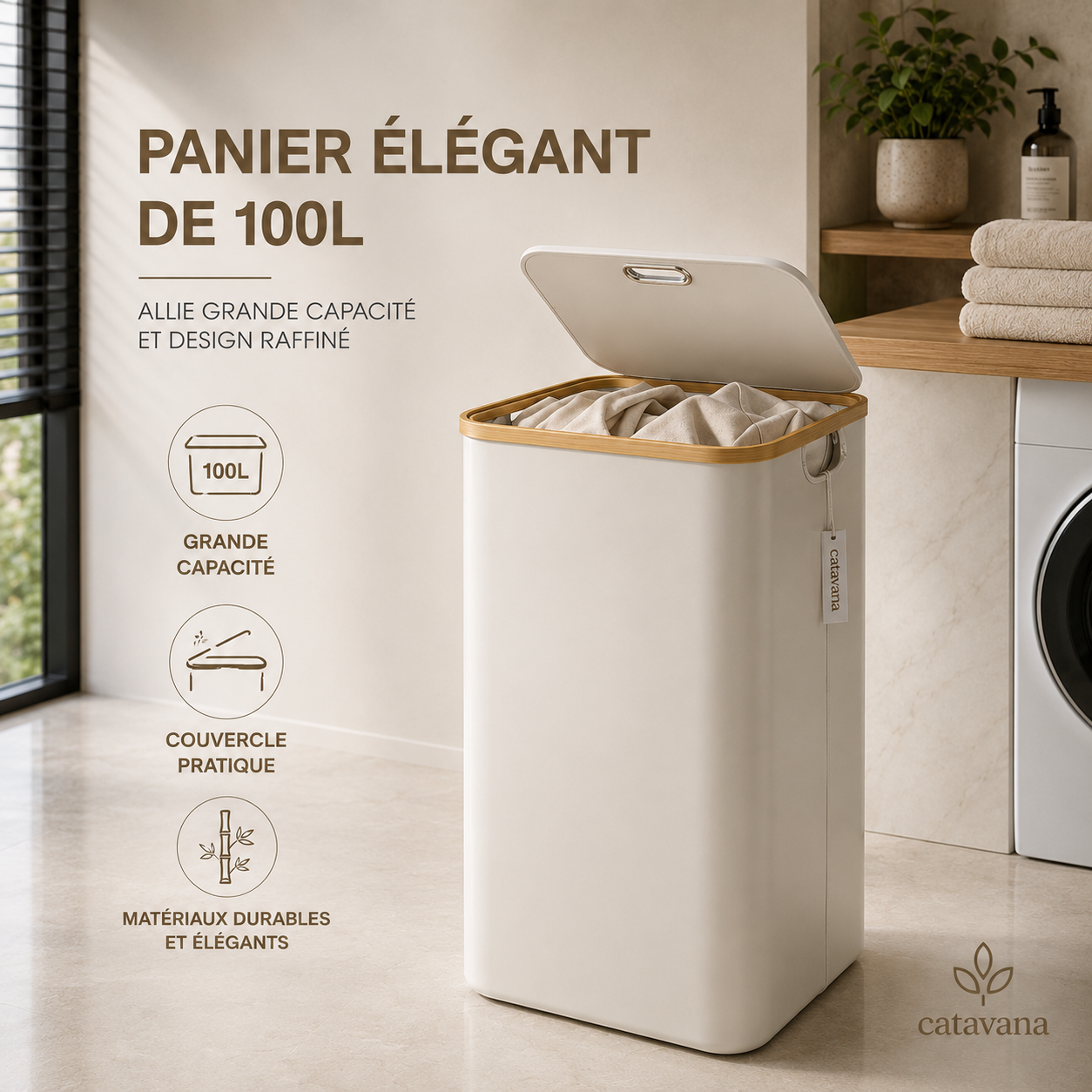 Panier à Linge en Bambou Beige avec Couvercle – Corbeille à Linge 100 L avec Sac et Poignées