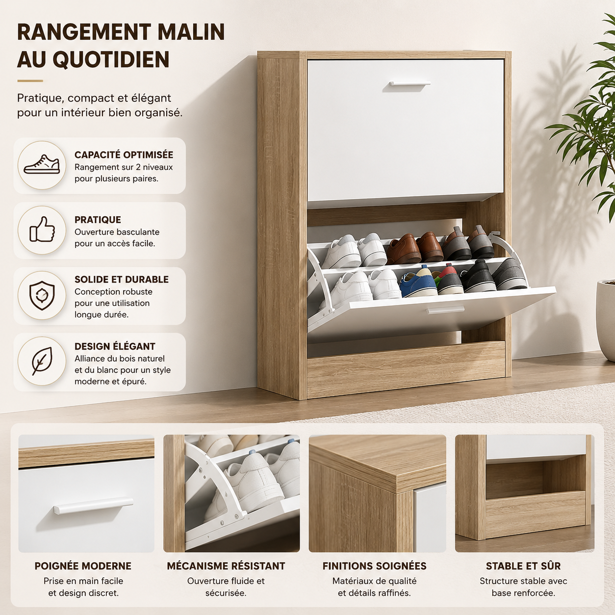 Meuble à Chaussures 2 Étagères 12 Paires Portes Blanches et Cadre Bois Clair (89.5 × 41 × 13 cm)