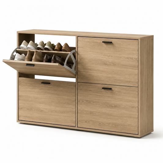 Meuble à Chaussures double 24 Paires 4 Abattants Ultra Slim 23,5 cm Gain de Place Entrée Bois Clair 118x23,5x75 cm