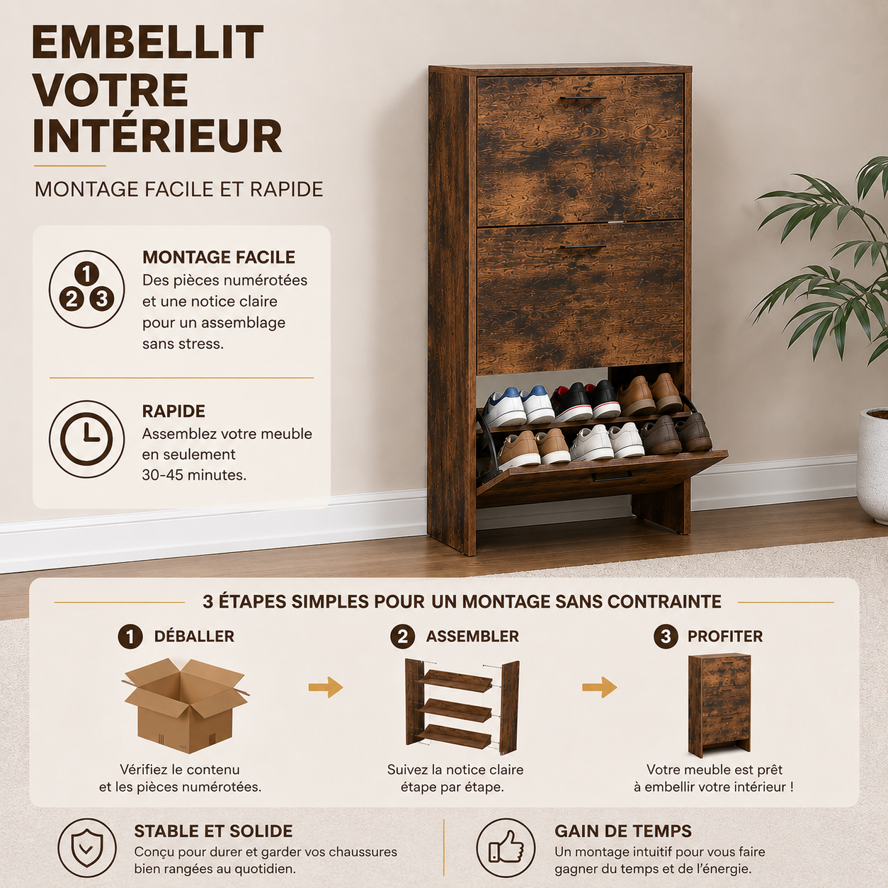 Meuble de Rangement à Chaussures - 18 Paires - 3 abattants - Dimensions : L60xP24xH80 cm - Couleur Rustique