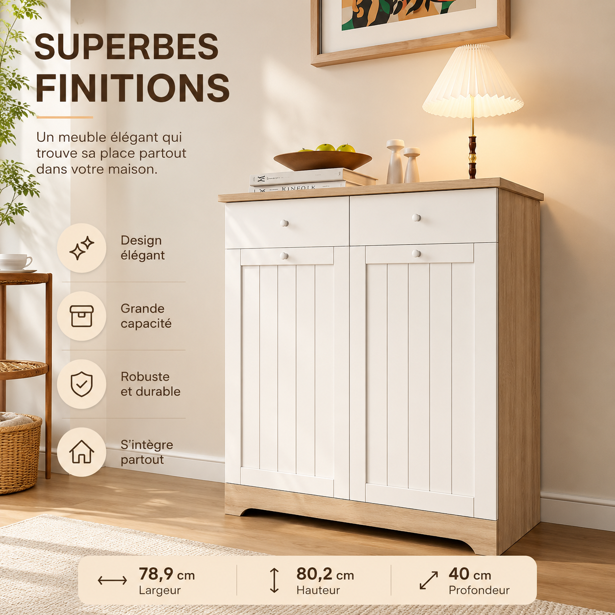 Meuble à Linge 45L, Armoire à Linge 2 Compartiments en Bois avec Paniers Amovibles