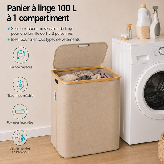 Panier à Linge en Bambou Beige avec Couvercle – Corbeille à Linge 100 L avec Sac et Poignées
