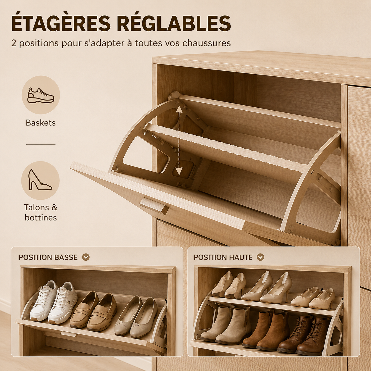Meuble à Chaussures double 24 Paires 4 Abattants Ultra Slim 23,5 cm Gain de Place Entrée Bois Clair 118x23,5x75 cm