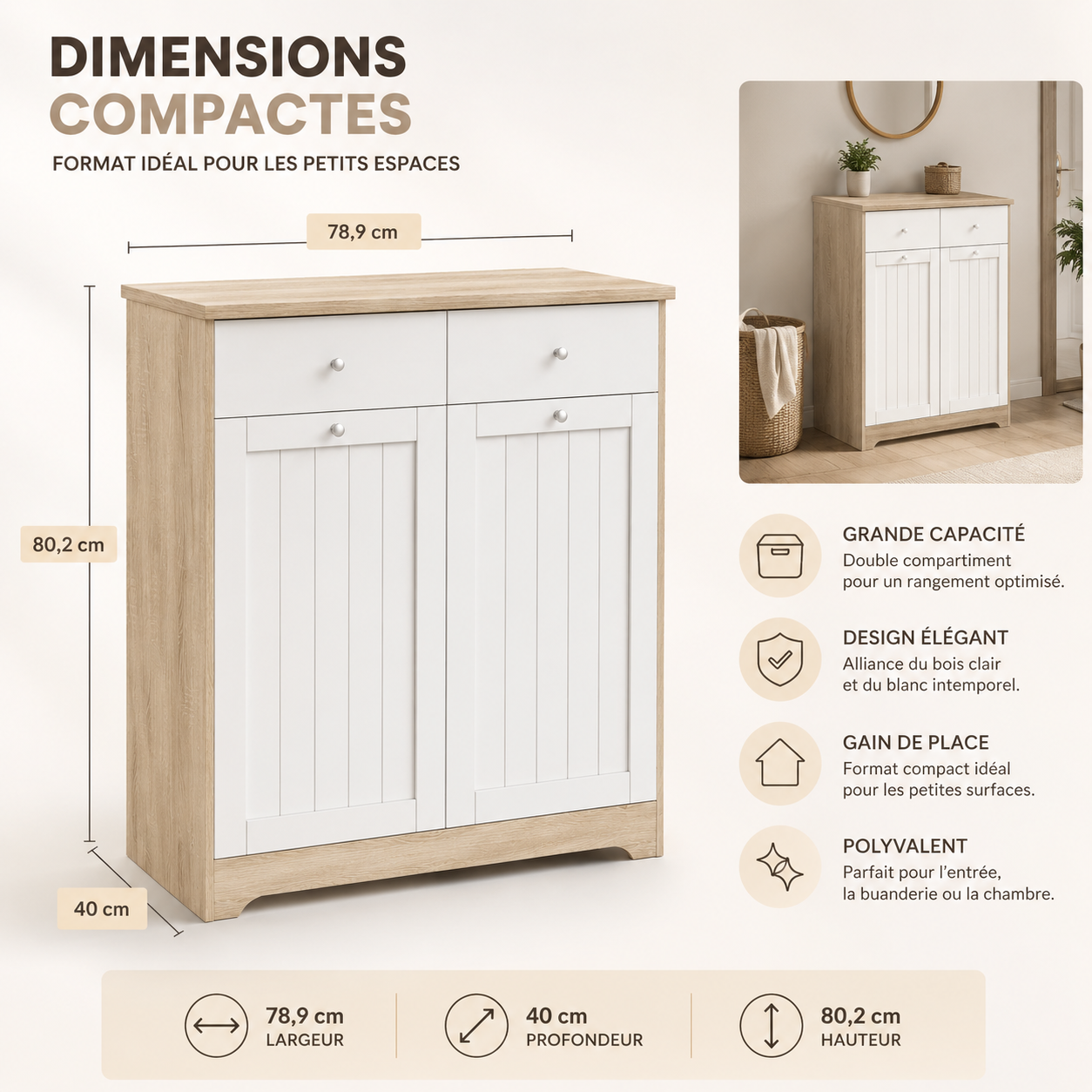 Meuble à Linge 45L, Armoire à Linge 2 Compartiments en Bois avec Paniers Amovibles