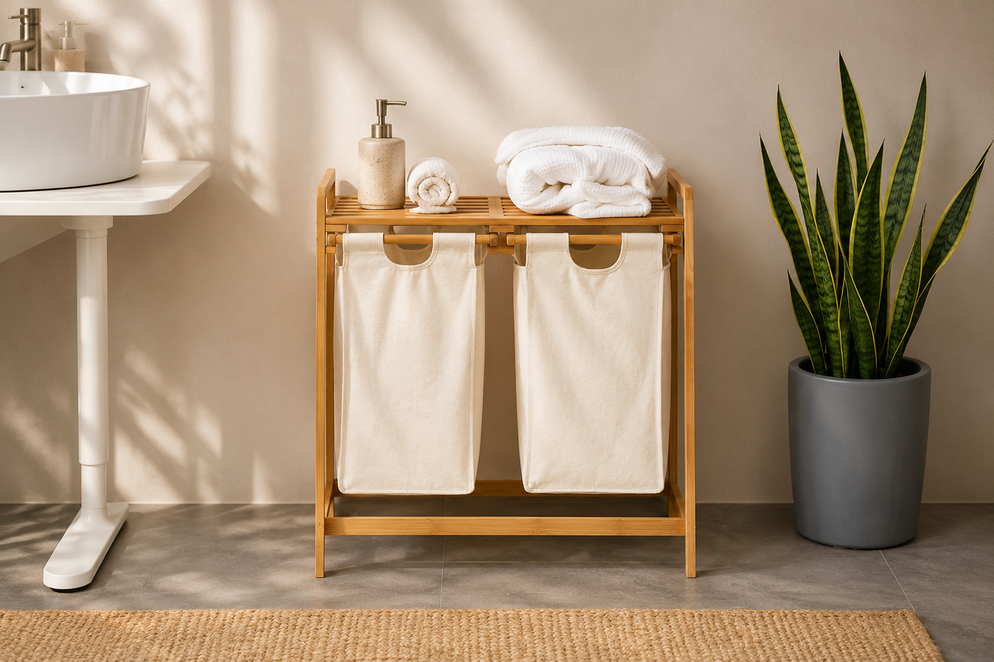 Panier a linge sur pied bambou - 2 Paniers a linge sale - Tissu Blanc - Corbeilles a linge - Salle de bain - 64x33x73cm