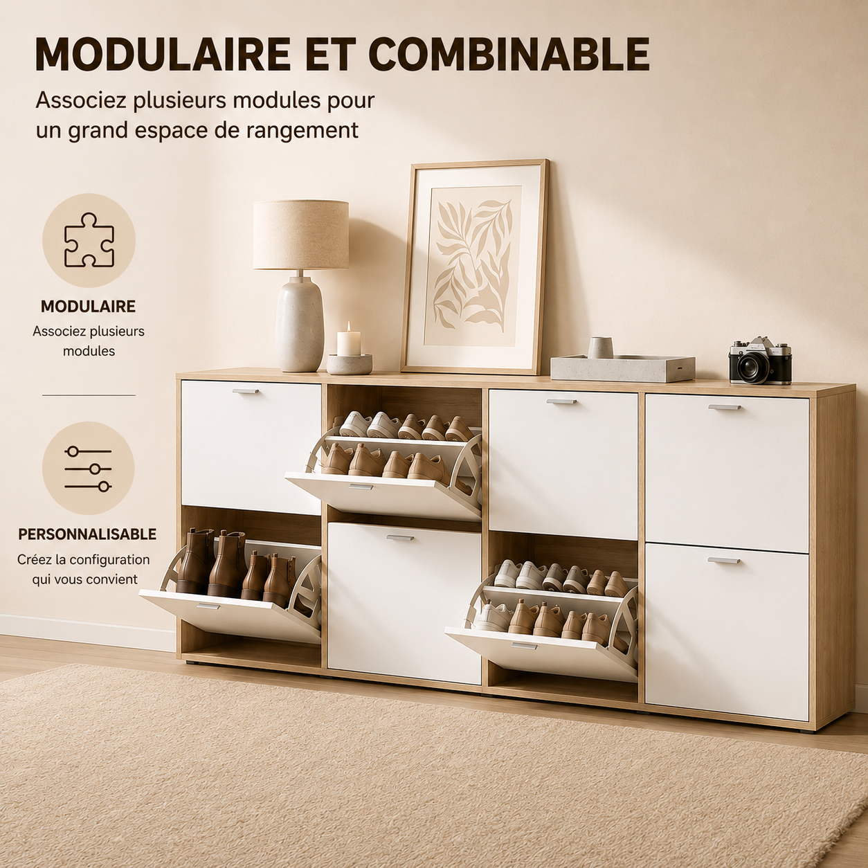 Meuble à Chaussures double 24 Paires 4 Abattants Ultra Slim 23,5 cm Rangement Entrée Bois clair et Blanc 118x23,5x75 cm