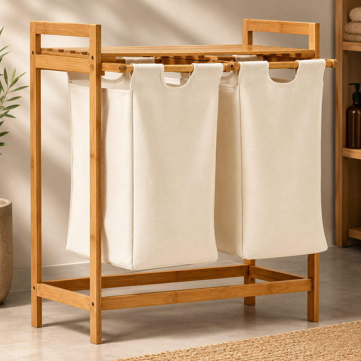 Panier a linge sur pied bambou - 2 Paniers a linge sale - Tissu Blanc - Corbeilles a linge - Salle de bain - 64x33x73cm