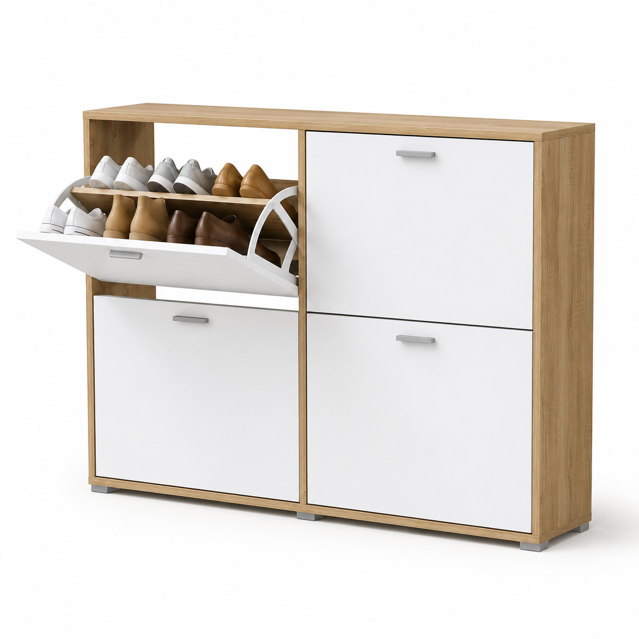 Meuble à Chaussures double 24 Paires 4 Abattants Ultra Slim 23,5 cm Rangement Entrée Bois clair et Blanc 118x23,5x75 cm